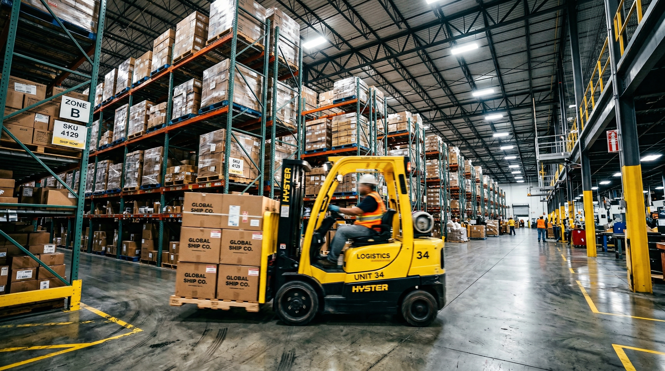 Montacargas operando en almacén logístico